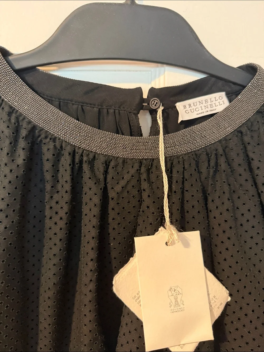 Brunello Cucinelli Black Eyelet Peasant Blouse with Silver Trim